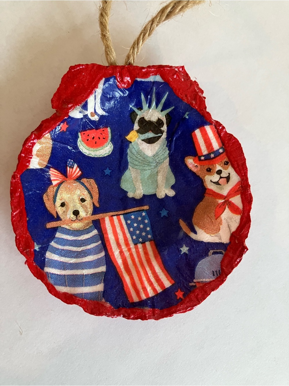 Handcrafted Patriotic Dog Seashell Ornament 3 inch Decoupage